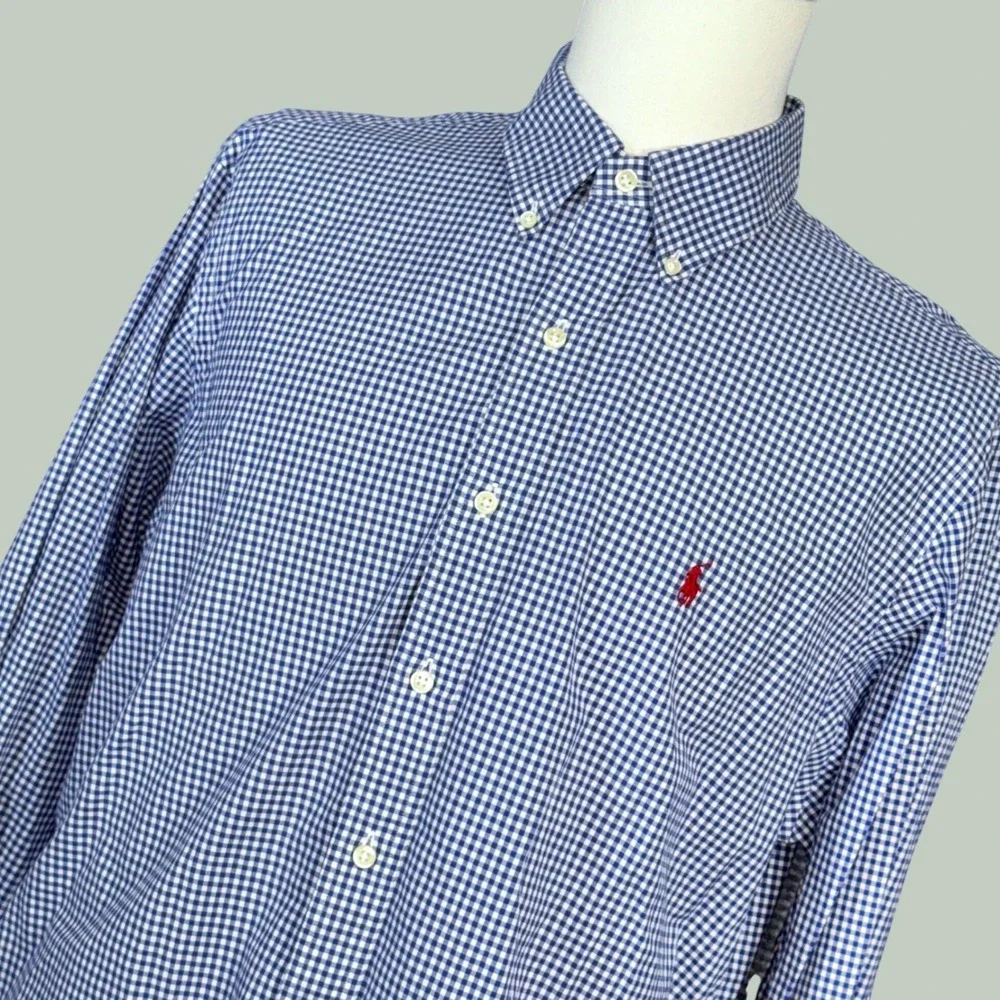 Polo Ralph Lauren Button Down Shirt Men's XL Blue Gingham Excellent Long Sleeve